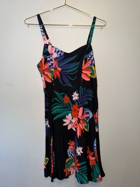 Old Navy Black Tropical Floral Mini Dress with Pink, Red & Green Accents